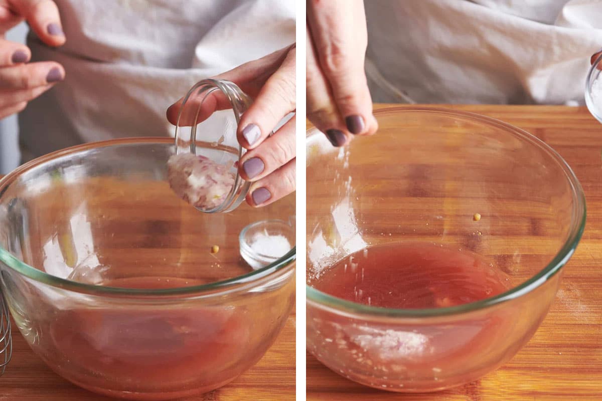 Woman adding shallots and salt to bowl for vinaigrette.