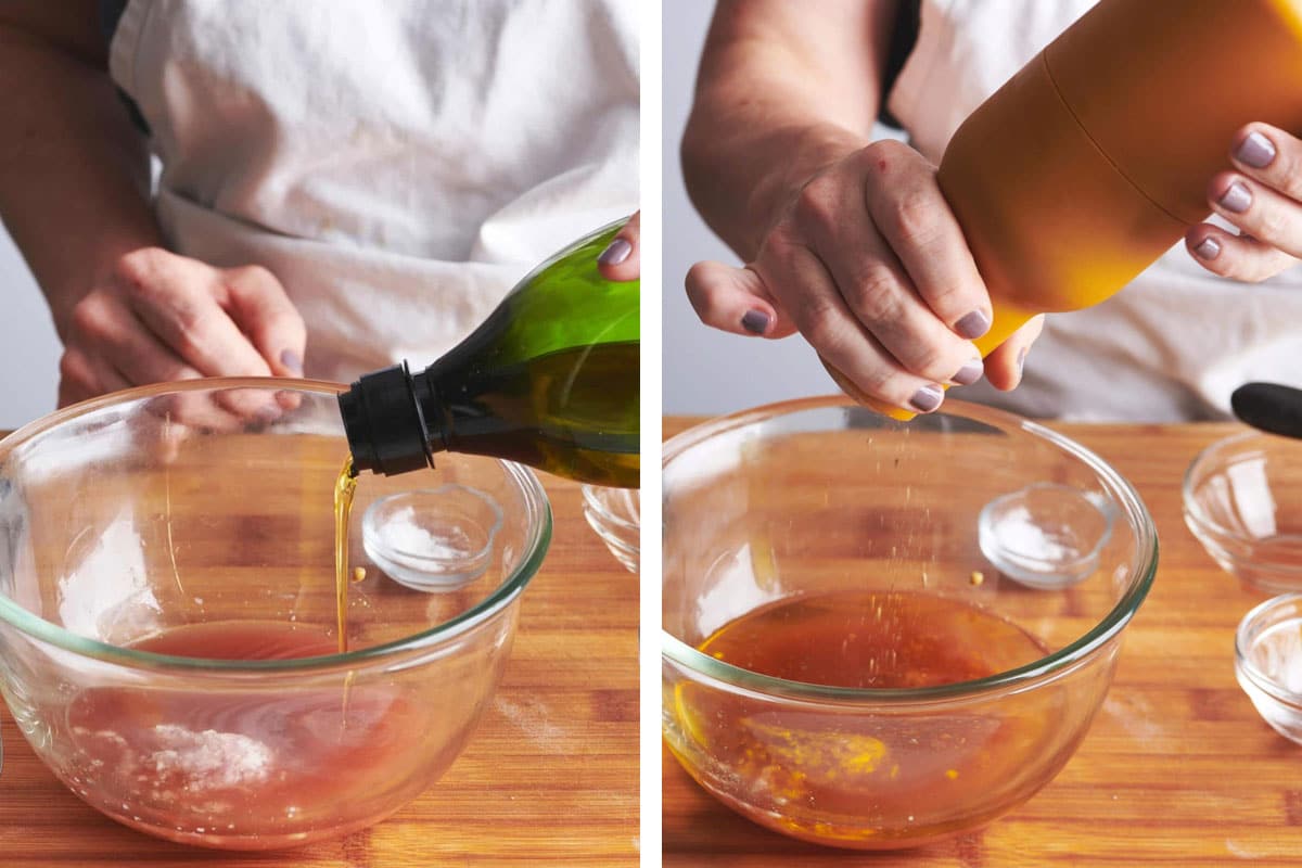 Adding oil and pepper to bowl of homemade vinaigrette.