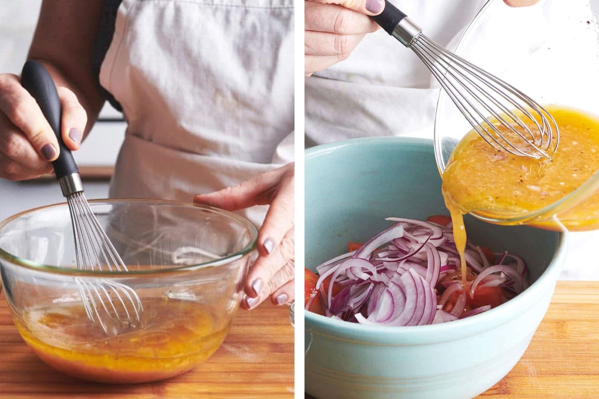 Whisking homemade vinaigrette and pouring over salad.