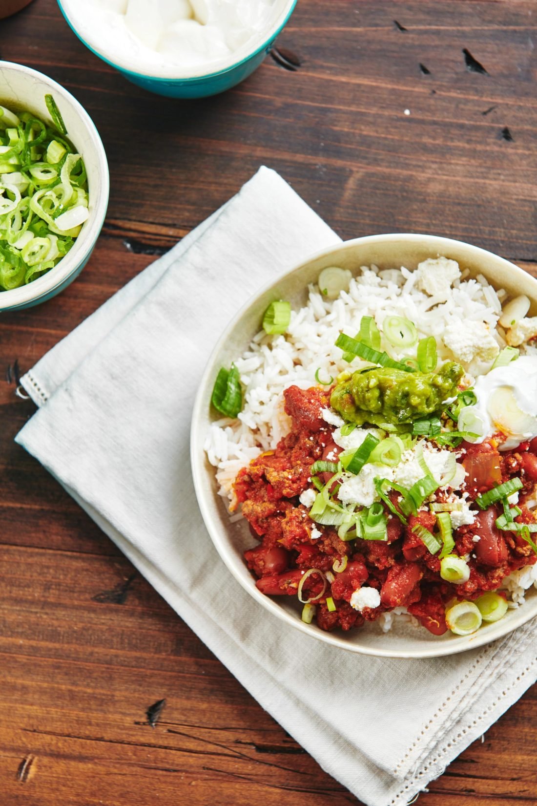 Bowl of Beef Chili and rice.