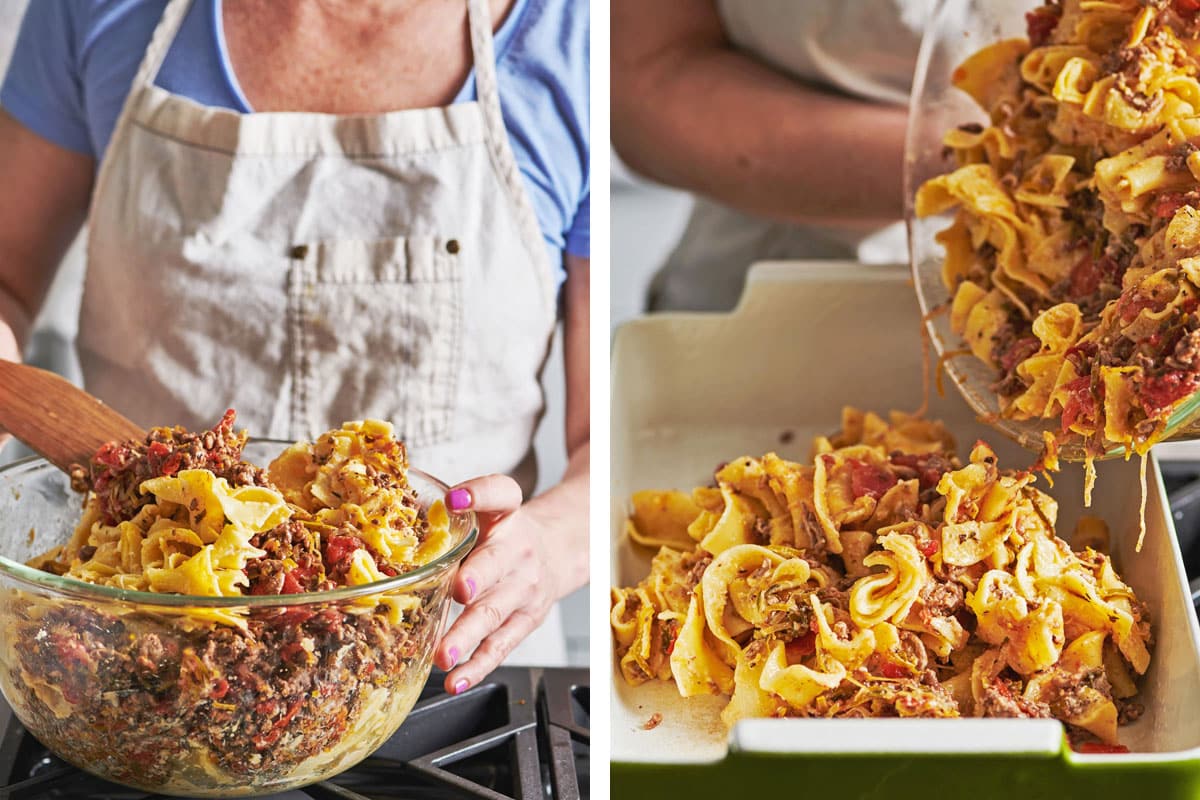 Mixing beef and noodle in bowl and pouring into a baking dish.
