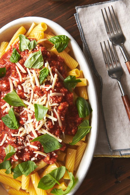 Bowl of Turkey Meat Sauce over pasta.