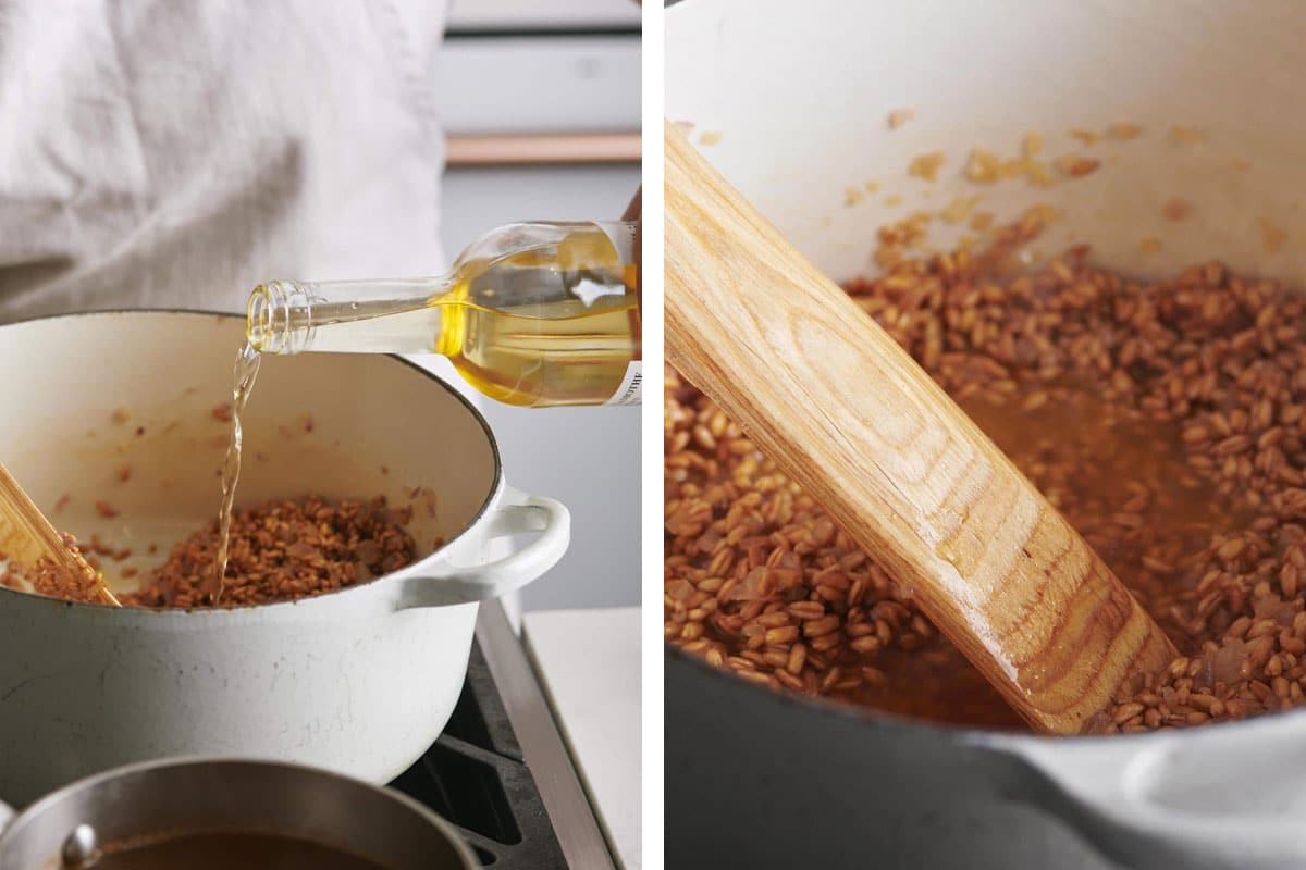 Woman pouring and stirring white wine into a Dutch Oven with farro.