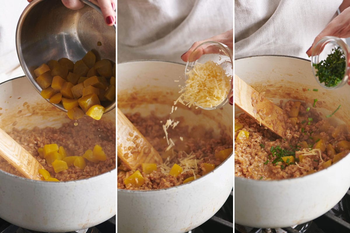 Woman pouring diced golden beets, cheese, and herbs into pot with farro.