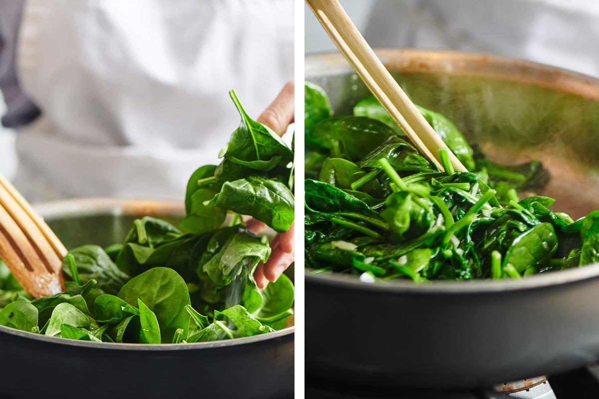 Sauteing spinach in frying pan, stirring with wood spoon.