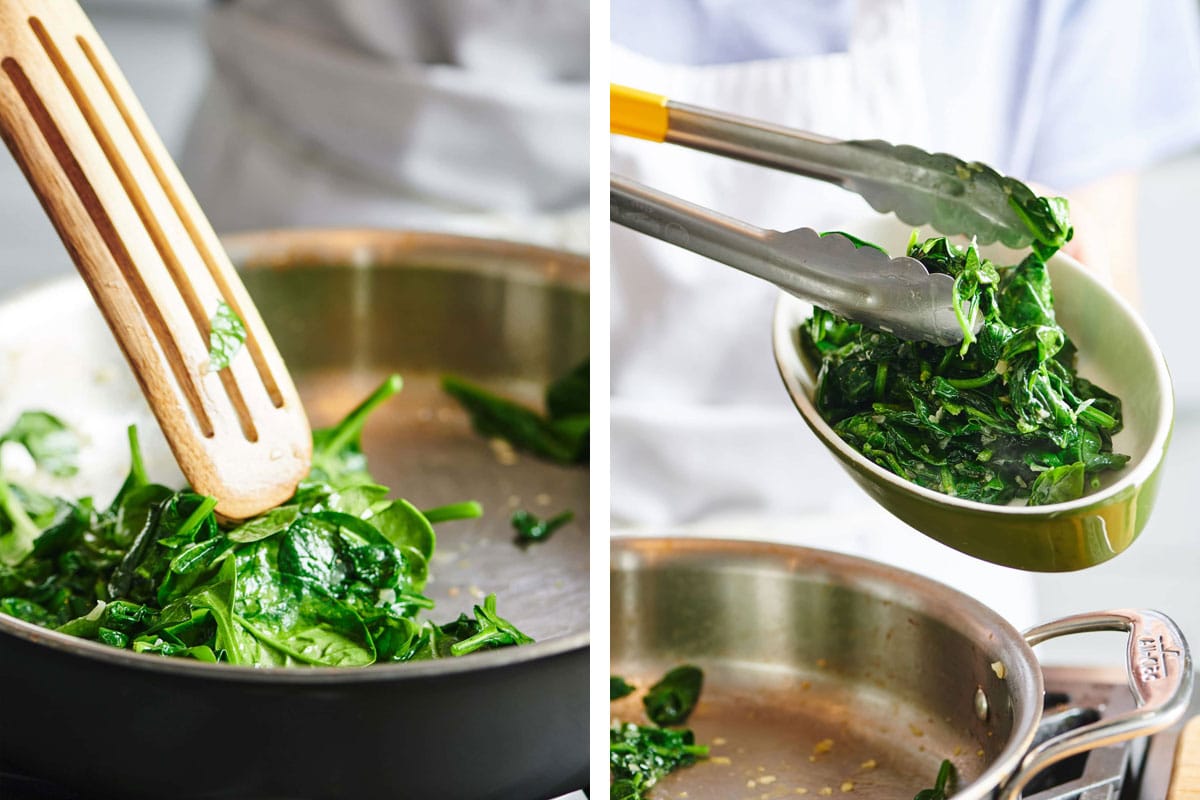 Sauteing spinach in pan and transferring to serving dish.