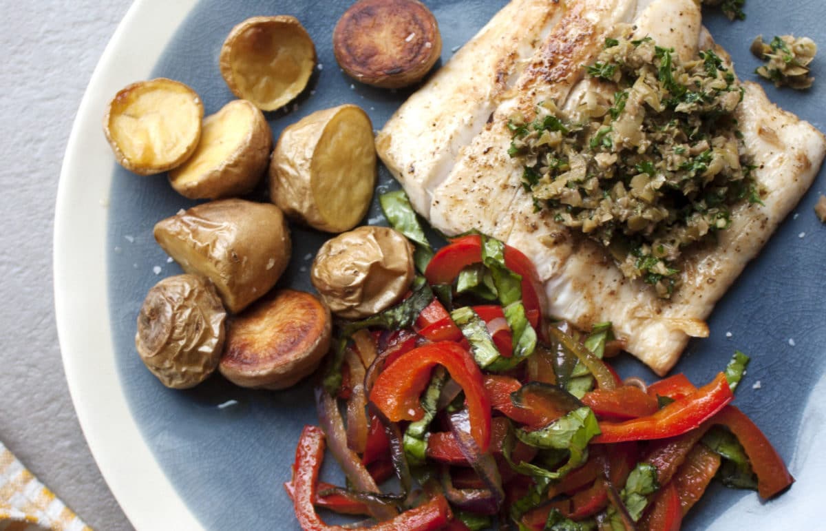 Pan-Seared Fish with Peppers and Caper-Olive Pesto