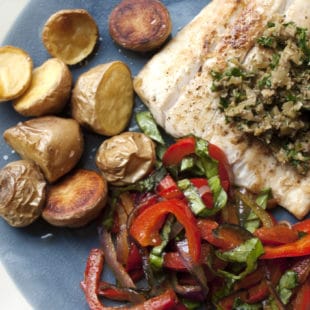 Pan-Seared Fish with Peppers and Caper-Olive Pesto