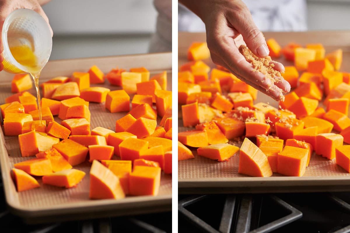 Adding butter and brown sugar to butternut squash cubes on baking sheet.