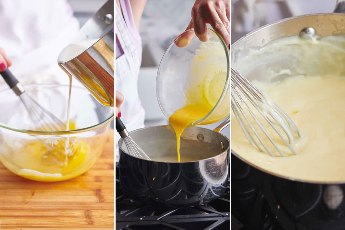Woman tempering eggs with warm milk and stirring into pie custard in pan.