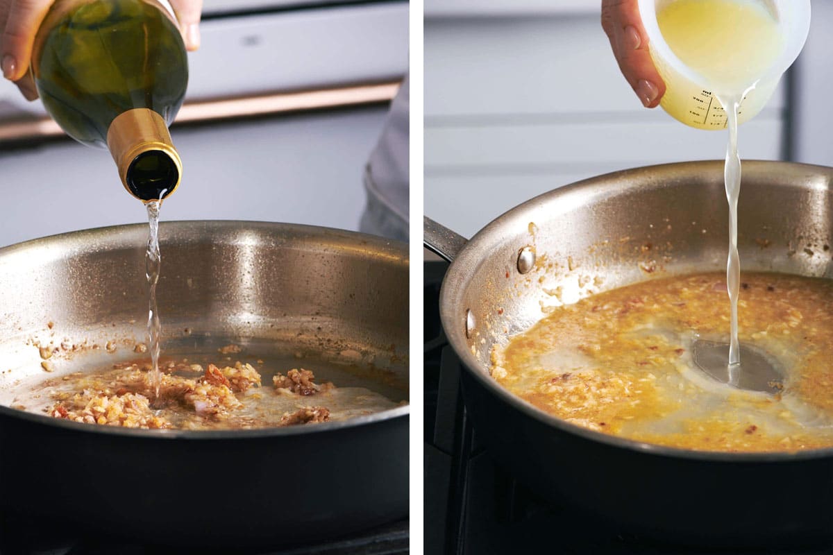 Pouring wine and broth into pan for sauce.