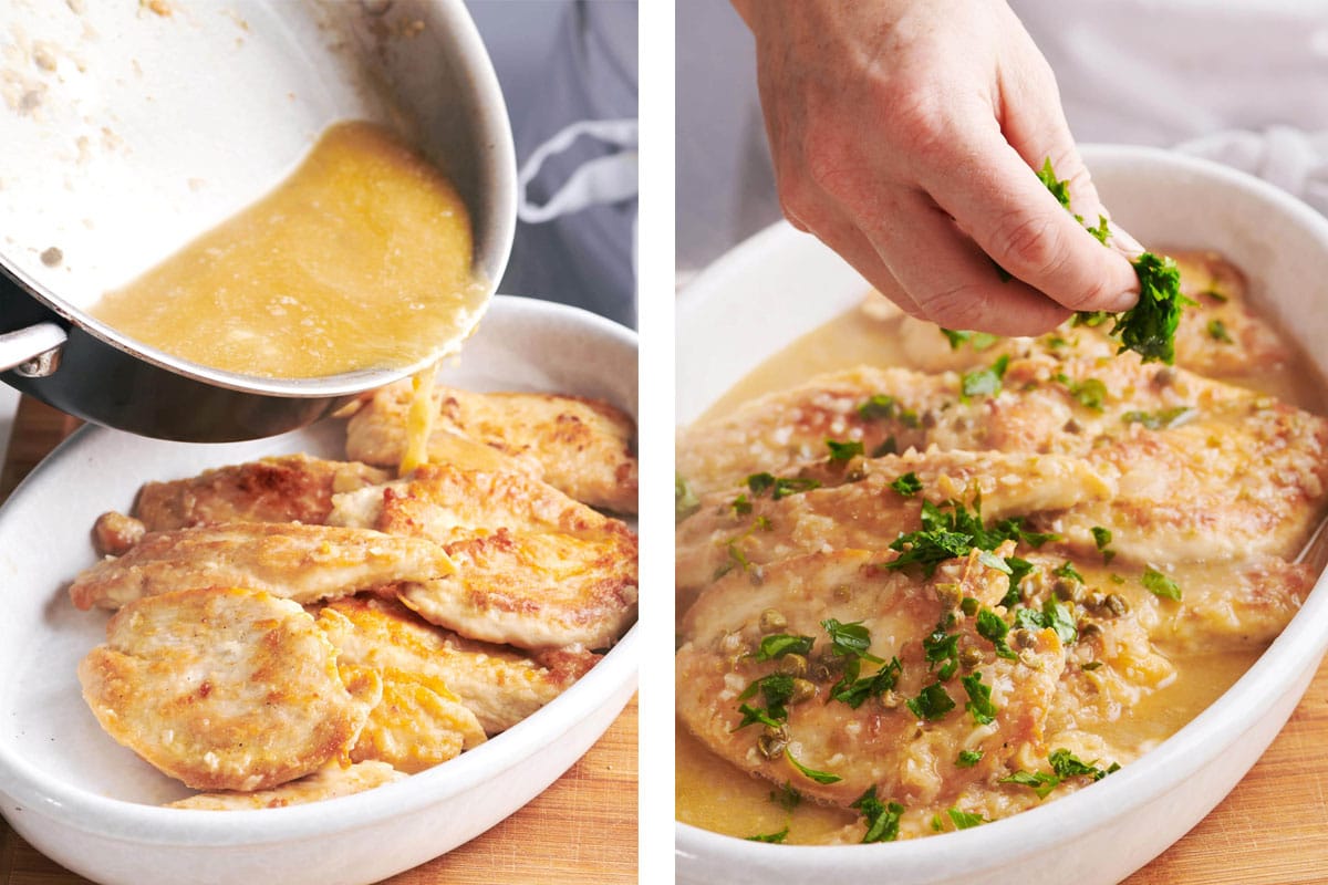 Adding sauce and parsley to chicken piccata in white dish.