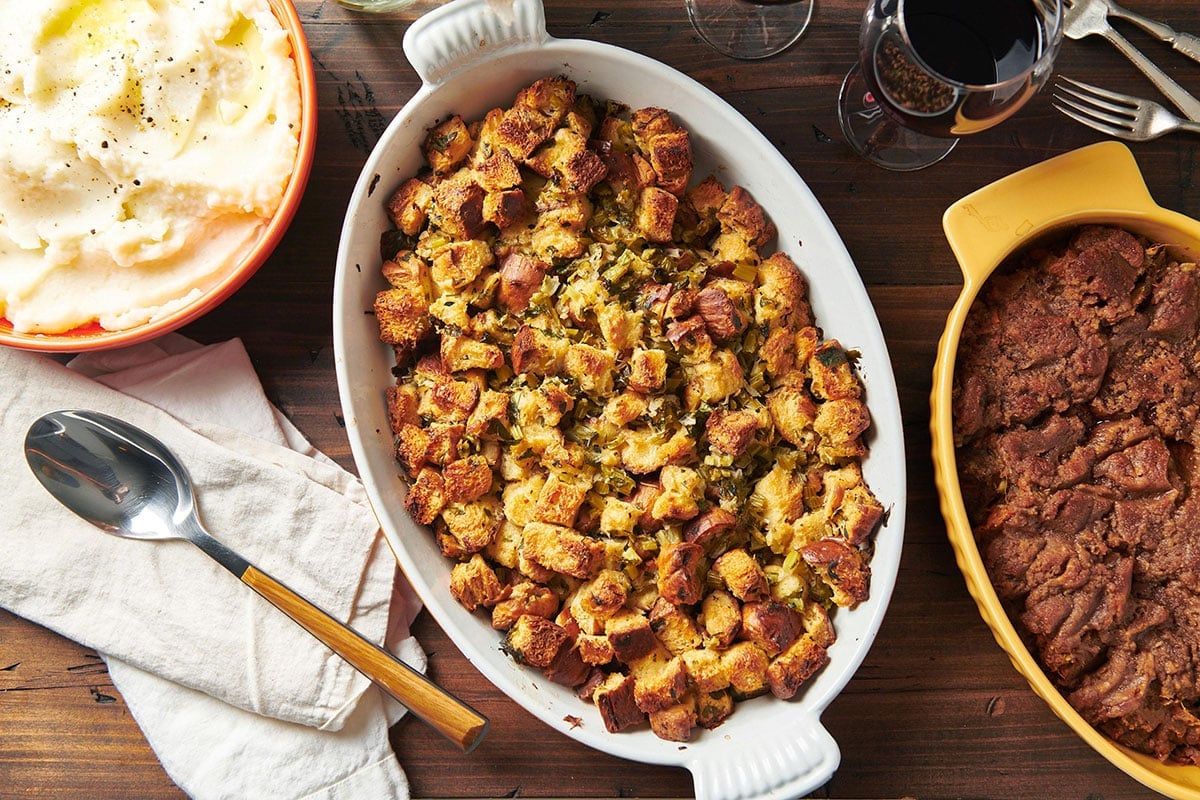 Thanksgiving Stuffing in a handled baking dish.