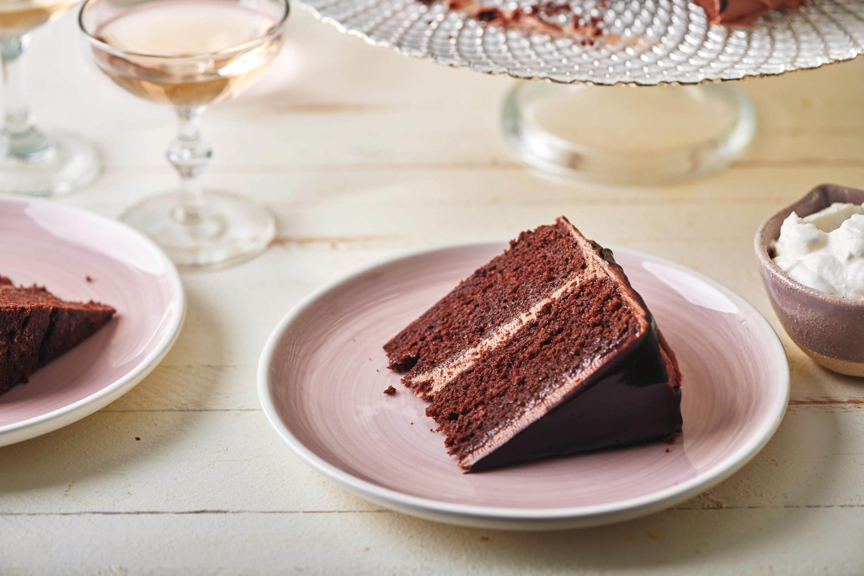 Slice of Devil's Food Cake on a small plate.
