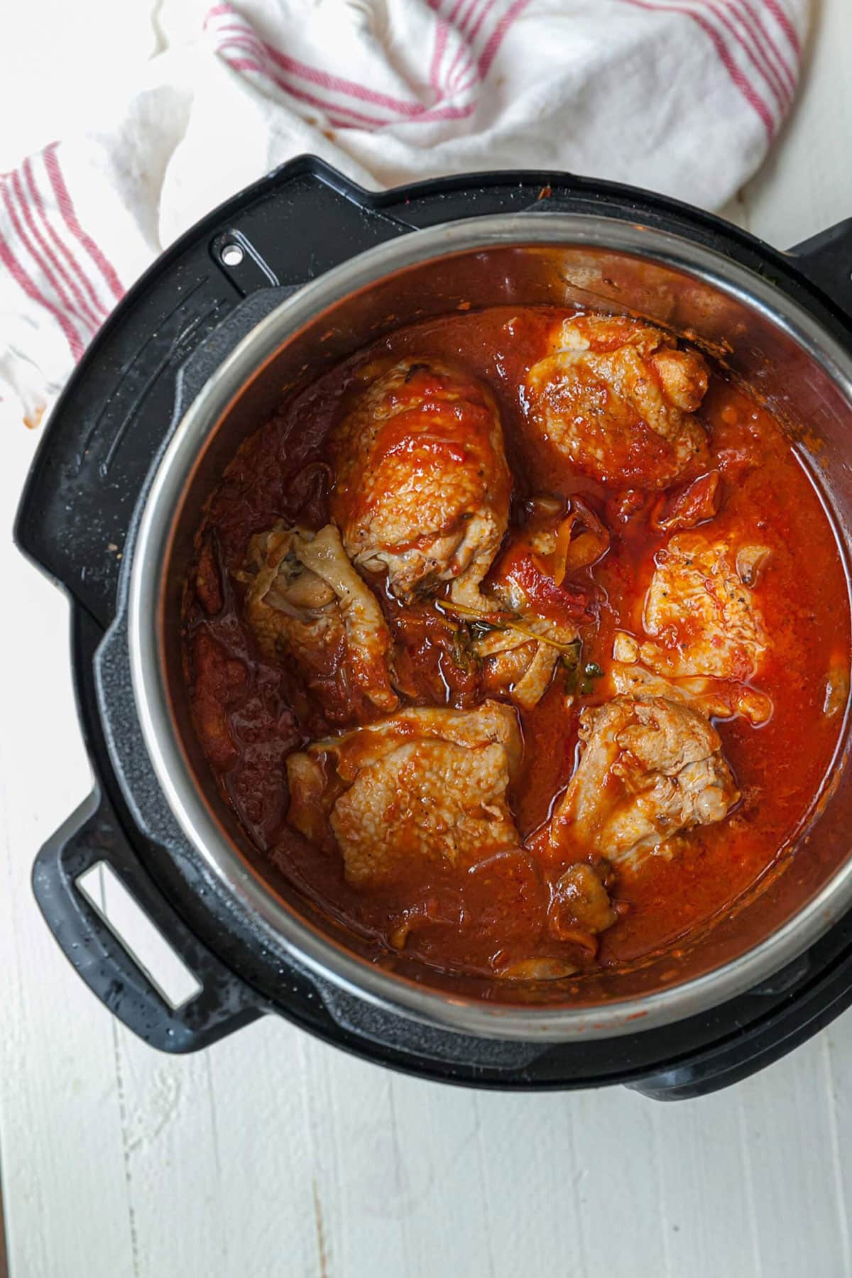 Chicken cacciatore cooking in Instant Pot.