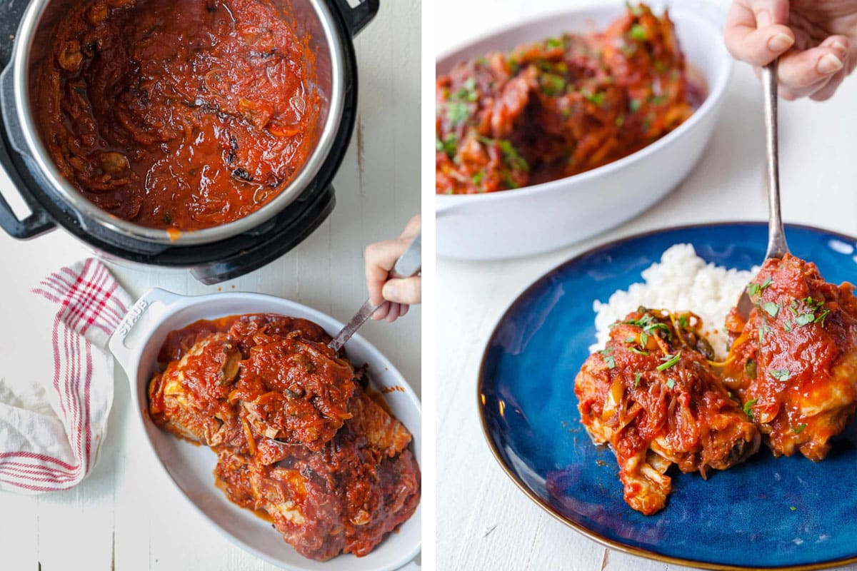 Serving chicken cacciatore from Instant Pot on blue plate over rice.