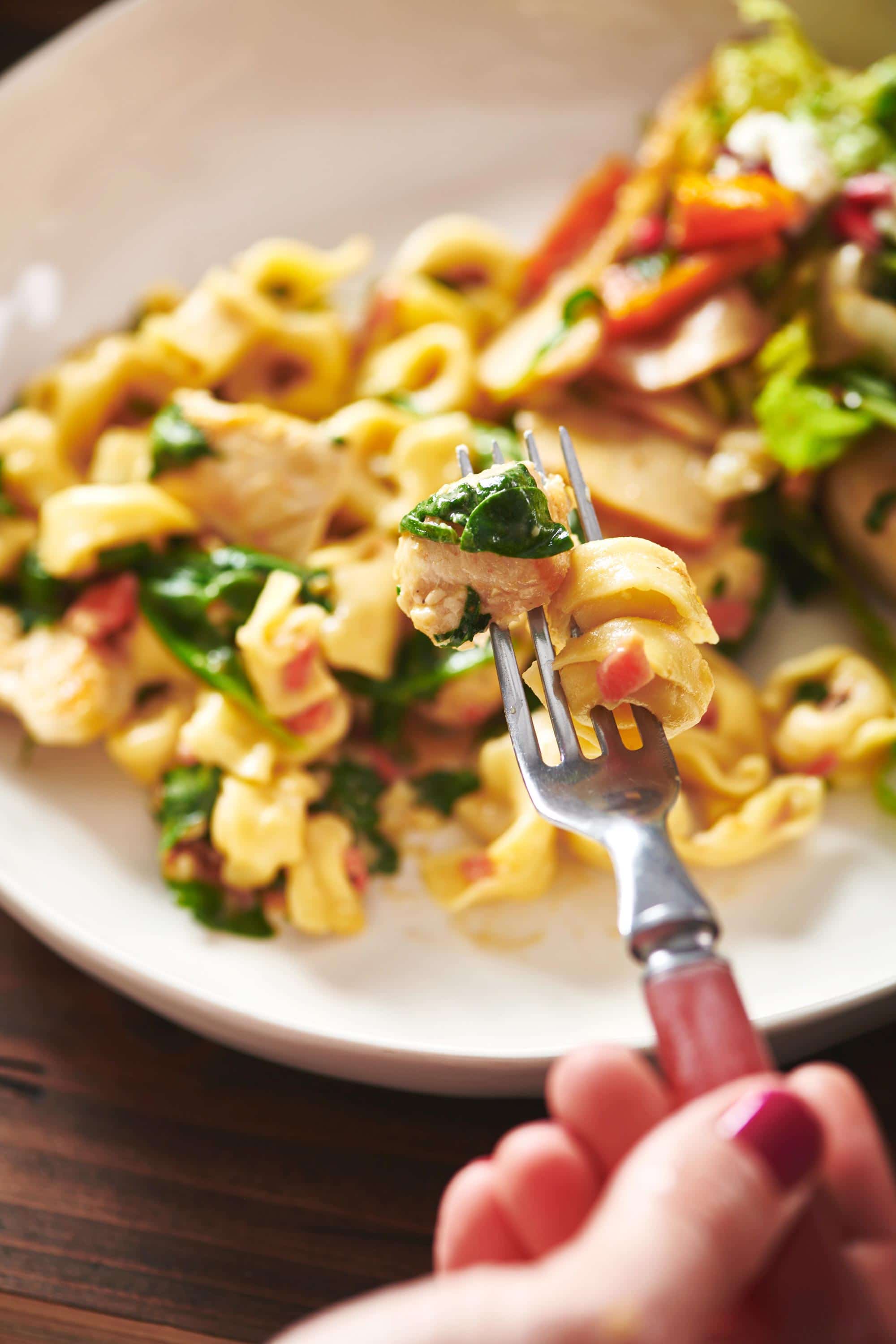 Fork topped with cooked tortellini and chicken.