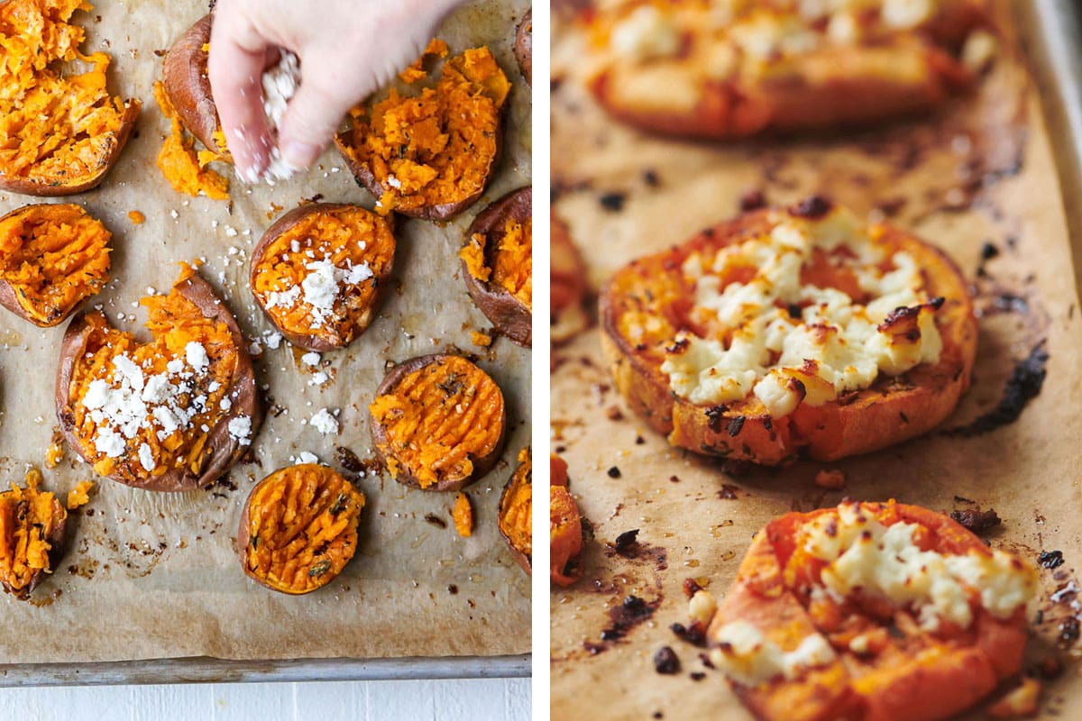 Sprinkling feta over sliced sweet potatoes and broiling.
