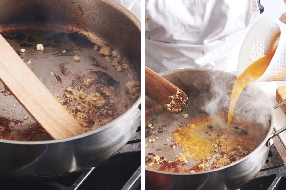 Sauteing garlic and adding chicken stock to pan on stove.