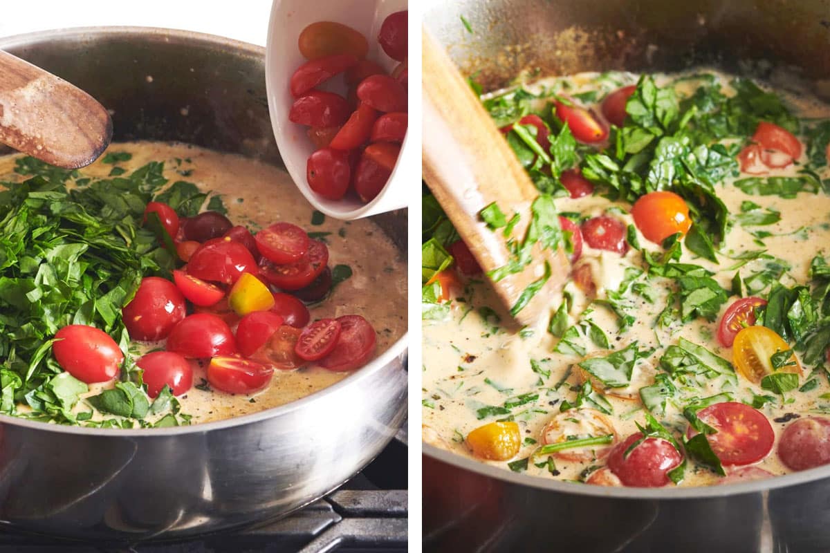 Adding cherry tomatoes and spinach to creamy pan sauce and stirring.