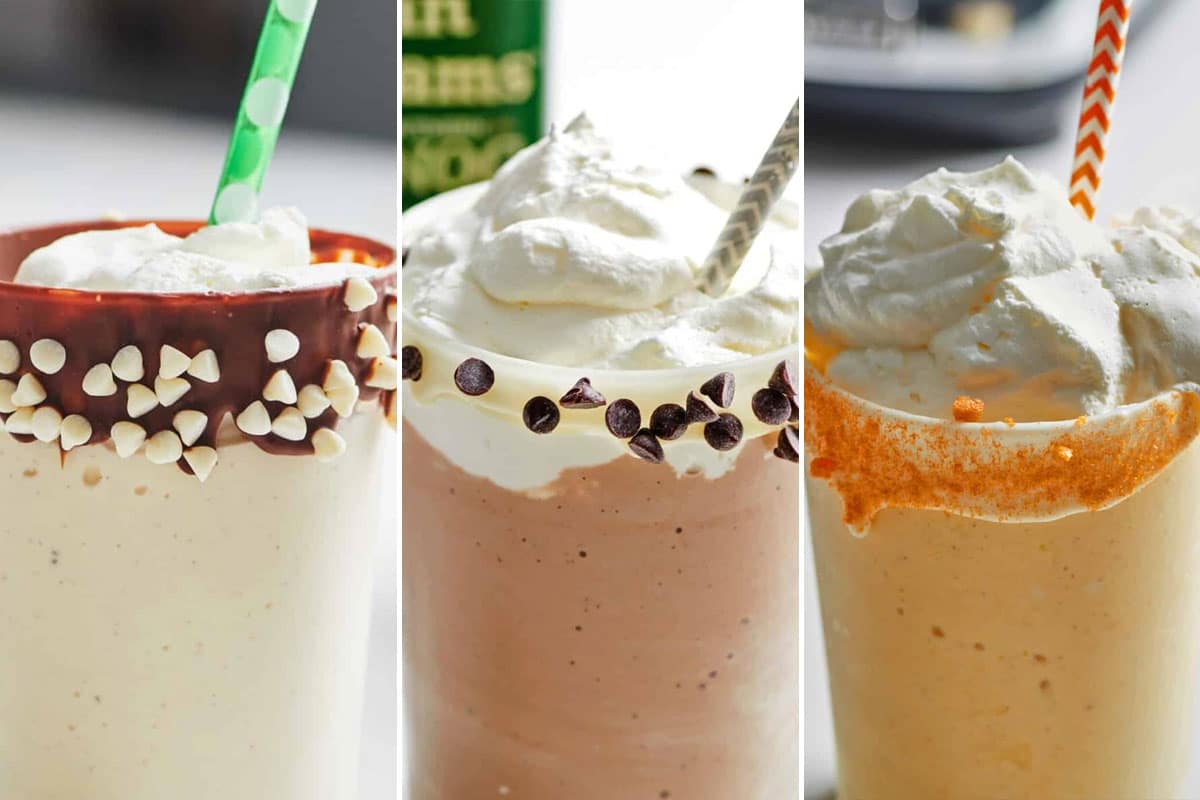 Vanilla, chocolate, and mango eggnog milkshakes with straws.