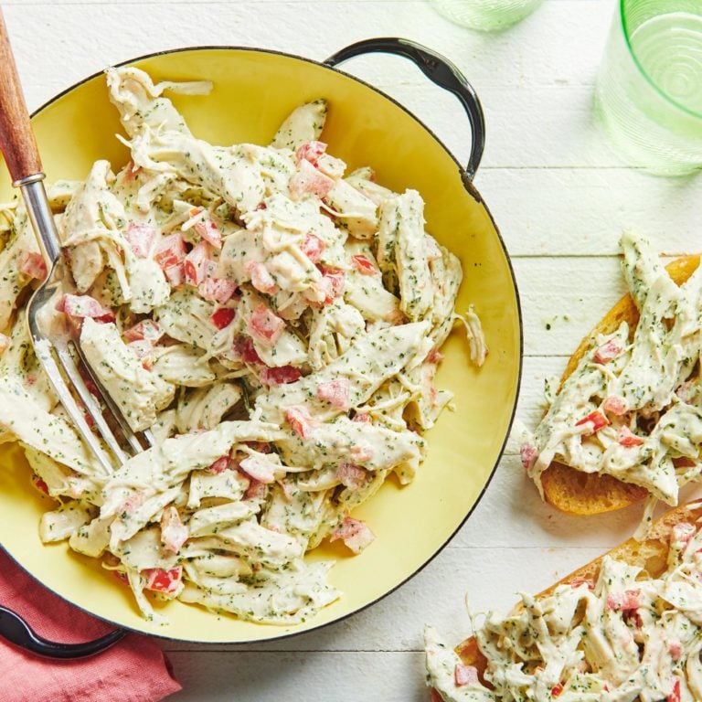 Herbed Chicken Salad in yellow bowl and on toasted bread.