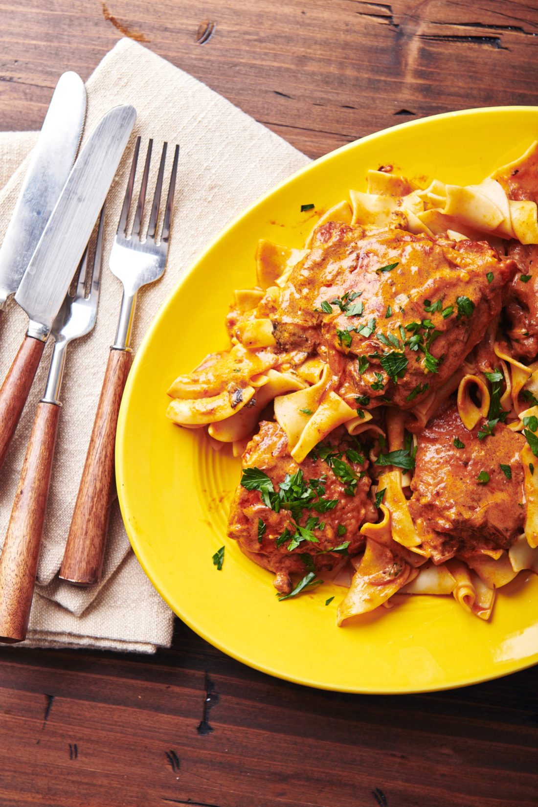 Yellow plate of Chicken Paprikash over noodles.