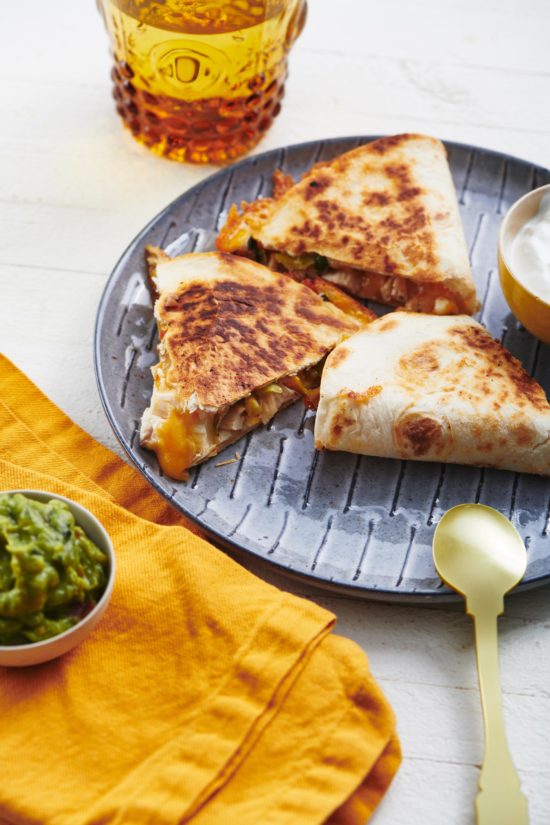 Plate of Chicken and Vegetable Quesadillas.