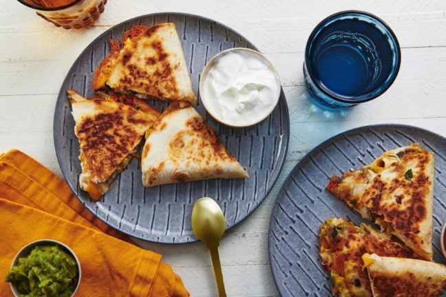 Two plates of Chicken and Vegetable Quesadillas.