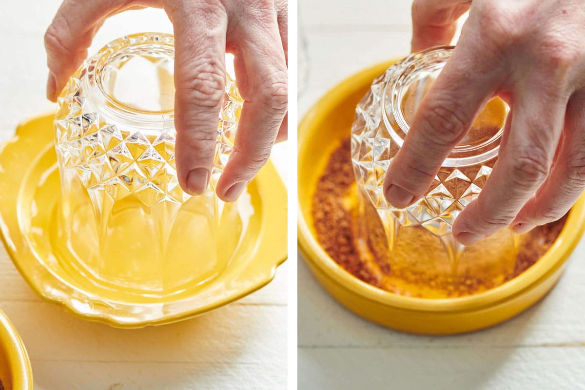 Rimming a glass with Sriracha salt.