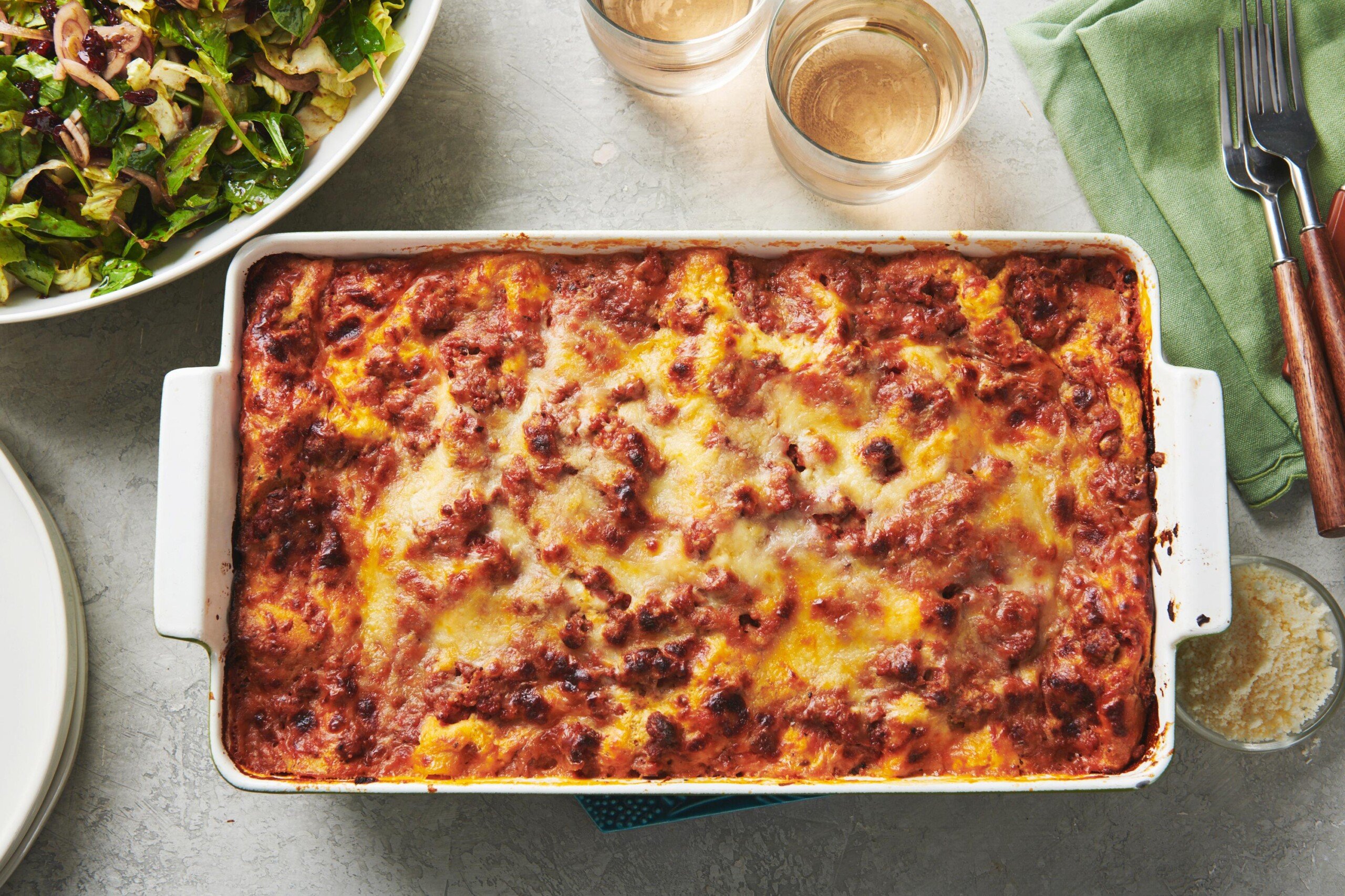 Classic Cheesy Beefy Lasagna in a baking dish.