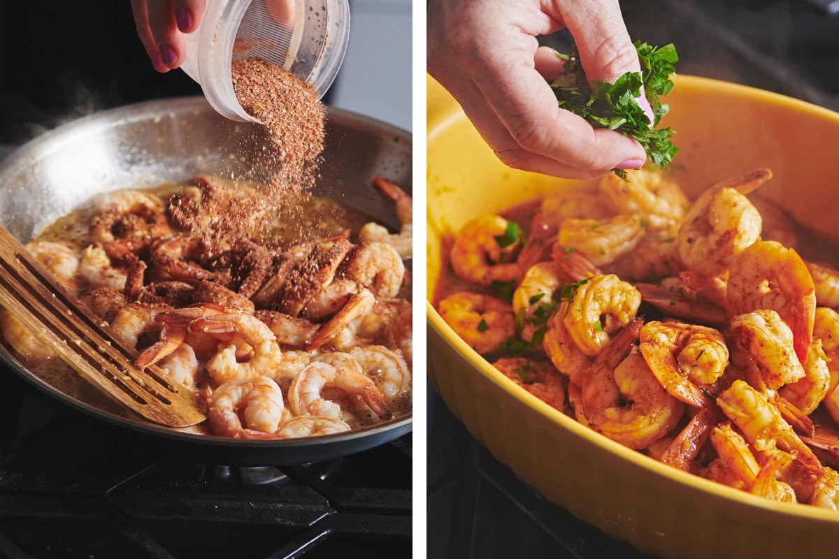 Adding Creole spices to shrimp in pan and serving with fresh parsley.