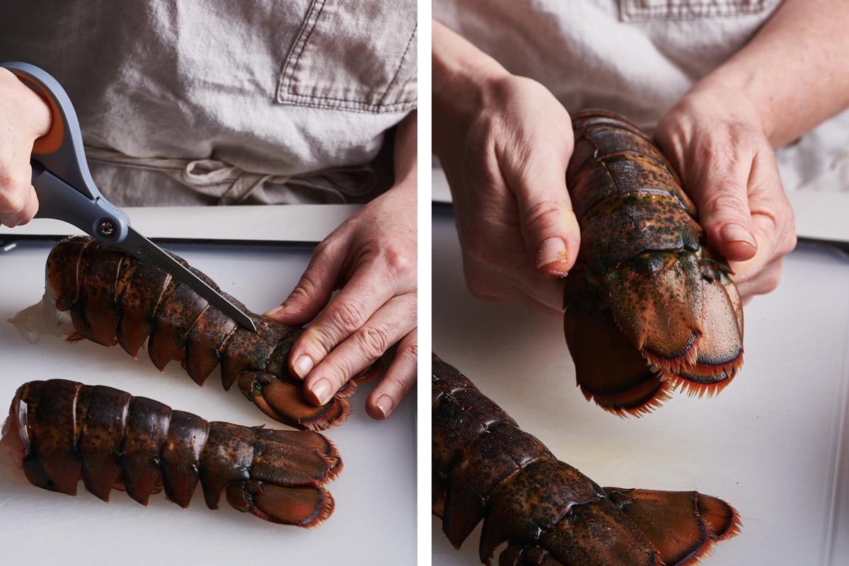 Woman cutting and splitting raw lobster tail.
