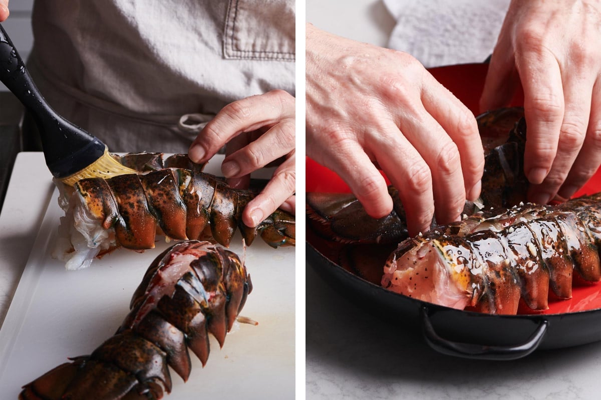Woman buttering lobster tails and placing in pan.