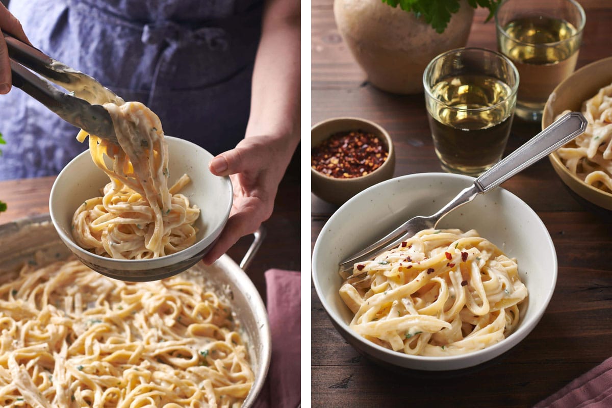 Serving homemade fettuccine Alfredo in bowls.