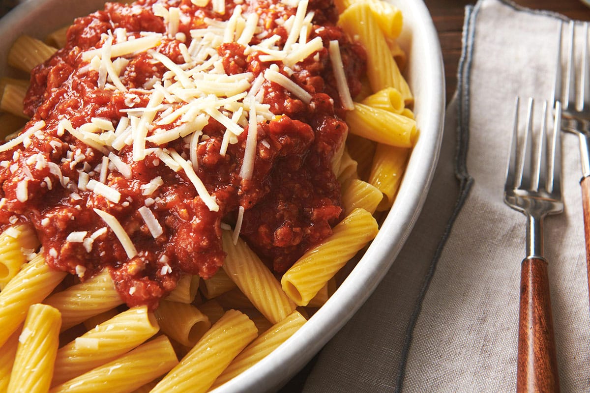 Turkey Meat Sauce over pasta with Parmesan cheese.