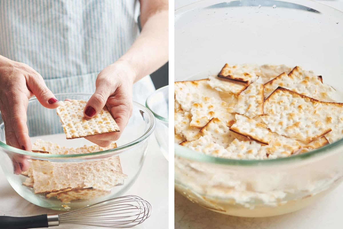 Breaking matzoh in glass bowl and soaking in water.