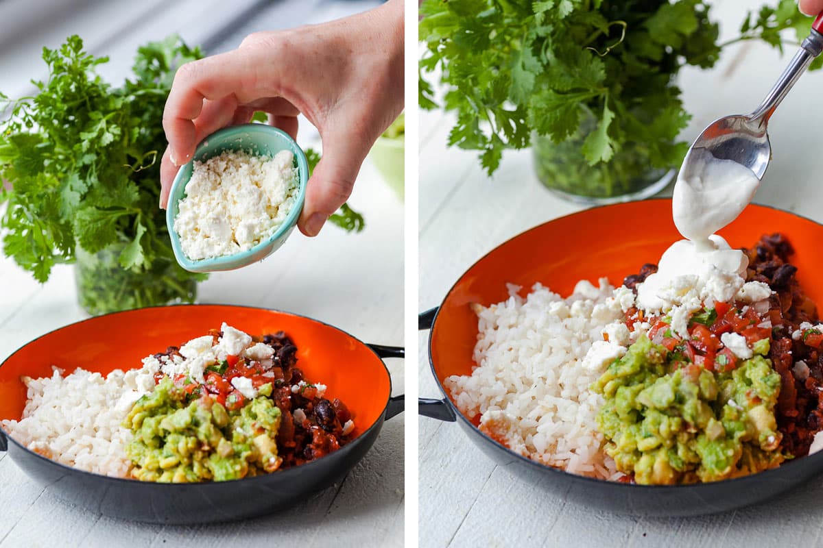 Woman adding queso fresco and sour cream to black beans and rice.