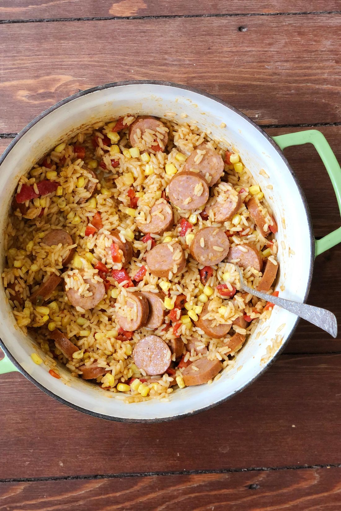 Dutch oven of Jambalaya and Cajun Sausage.