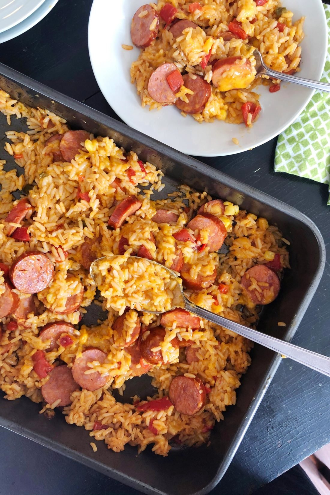 Baking dish of Cheesy Jambalaya and Cajun Sausage.