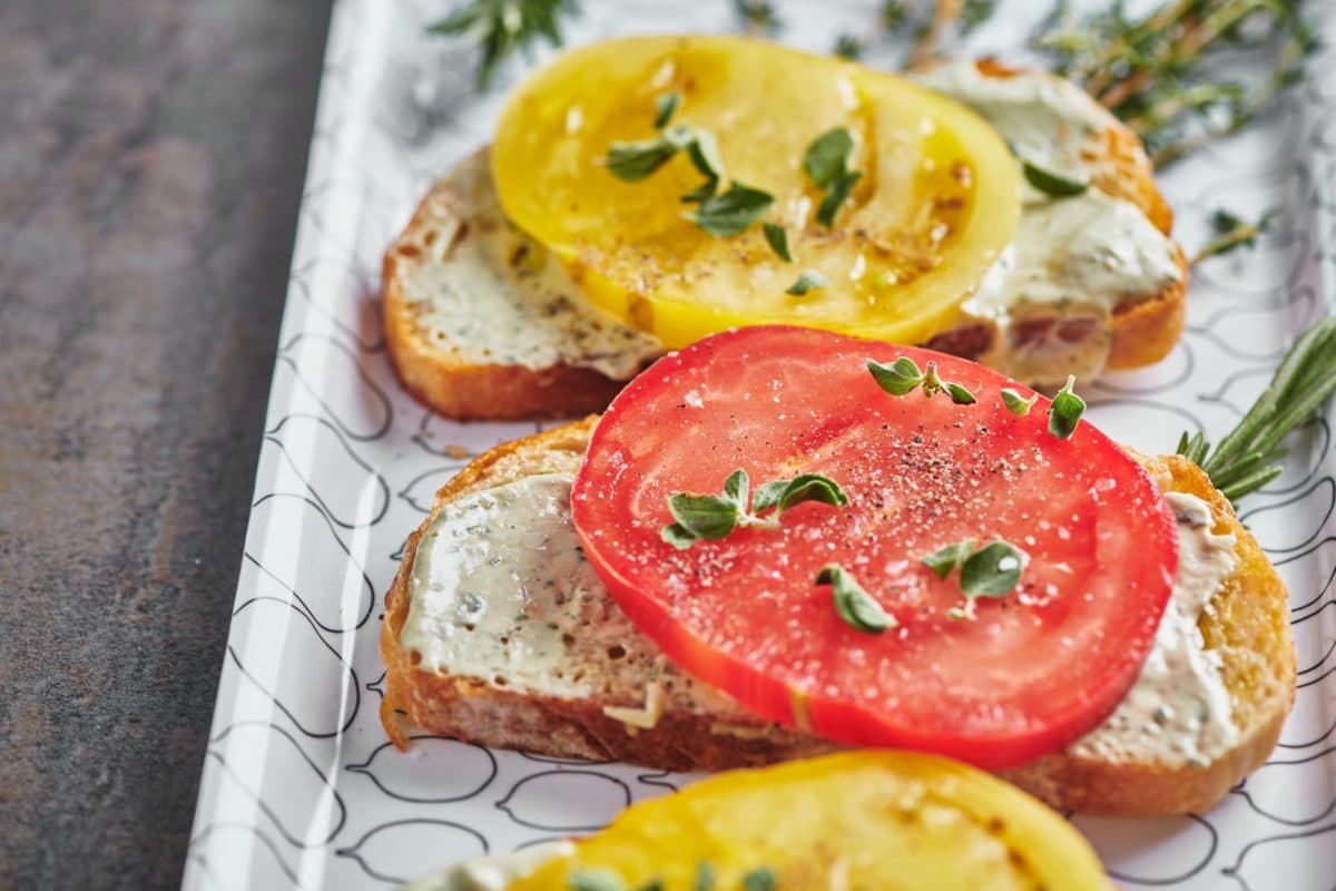 Bruschetta with Herbed Whipped Ricotta and Heirloom Tomatoes