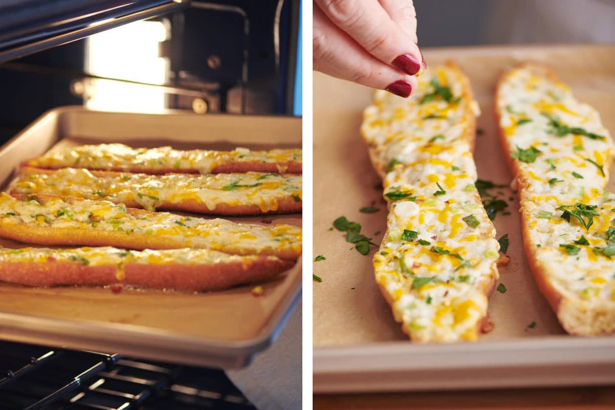 Removing cheesy garlic bread from oven and sprinkling with parsley.