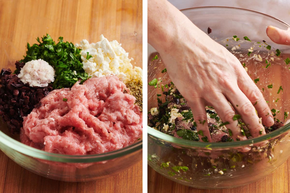 Mixing ingredients for Greek turkey burgers in glass bowl.