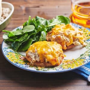 Open-faced tuna melt on colorful plate with side salad.
