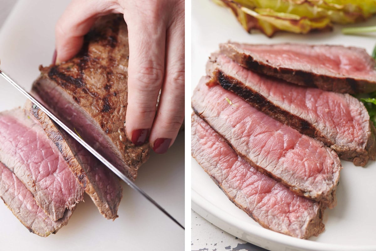 Woman slicing and plating thin cuts of London Broil.