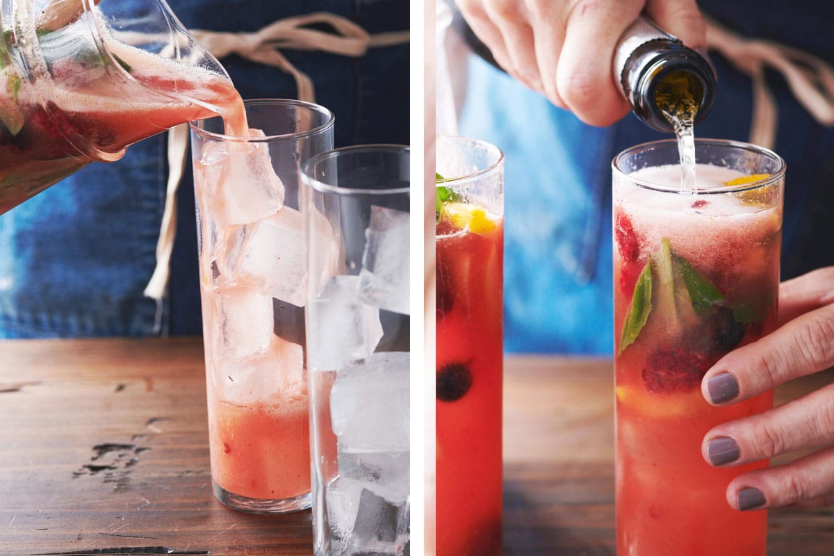 Pouring sangria from pitcher into glasses and topping with sparkling water.