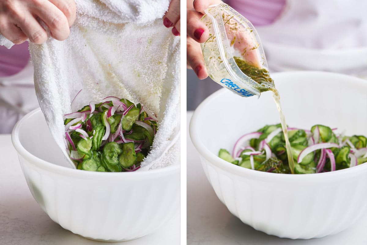 Adding vinaigrette dressing to fresh cucumbers in bowl.