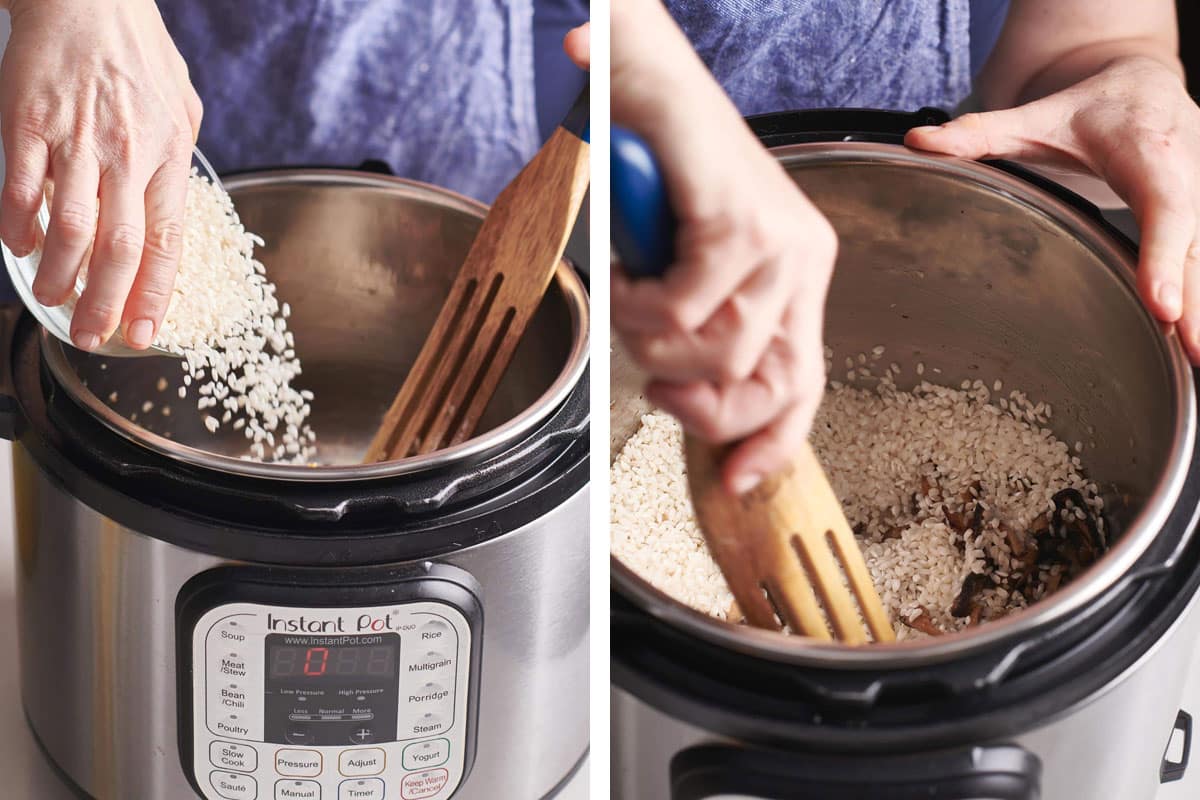 Woman stirring an Instant Pot with rice and mushrooms.