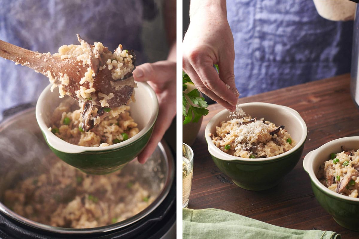 Woman serving mushroom risotto from Instant Pot and topping with Parmesan in bowls.