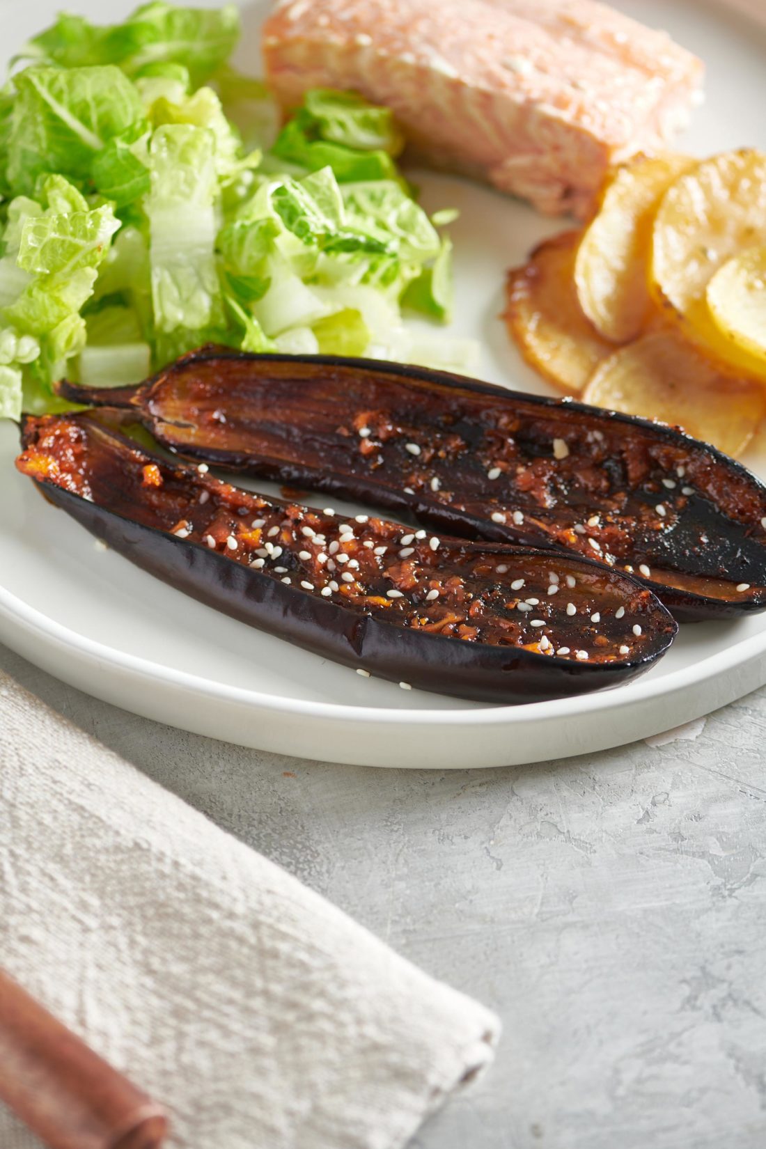 Japanese Miso Eggplant on a white plate.